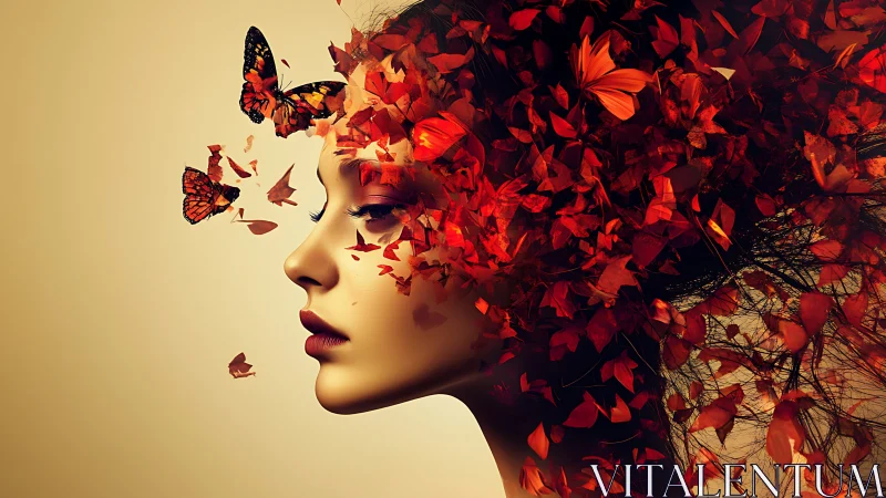 Side profile portrait integrates red leaves and butterflies