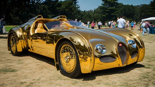 Gold chrome Bugatti-style concept car at outdoor show.
