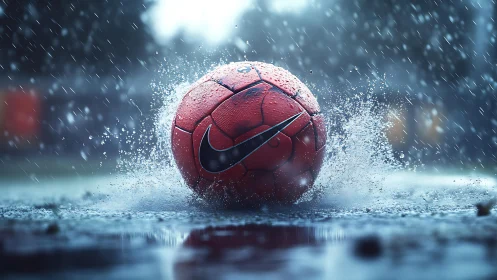 Red soccer ball rests on wet ground under intense rainfall