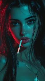 Neon-lit cyber-noir portrait renders hyperreal feminine gaze