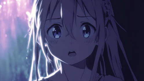 Anime girl portrait in blue light with shocked expression.