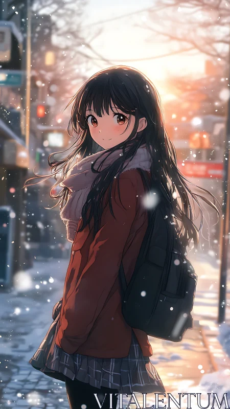 Winter street sunset with contemplative schoolgirl in scarf.