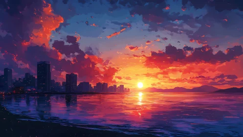 Sunset-lit coastal skyline rendered with saturated chromatic contrast
