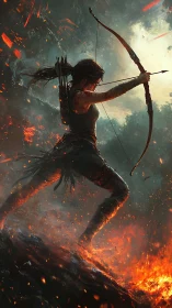 Dynamic archer silhouette framed by volcanic fire and backlit ash