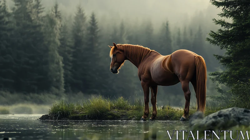 Chestnut horse pausing by a misty forest riverside.