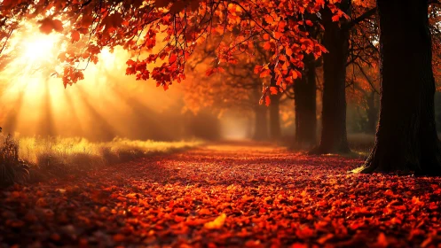Backlit autumn forest path glows in diffused golden light