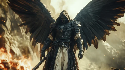 Dark winged guardian strides through a storm of embers.