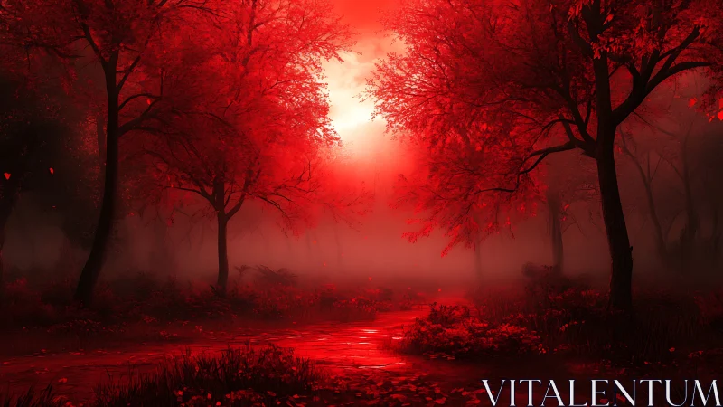 Crimson forest corridor under glowing central sun portal.