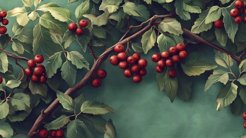 Ripened red berries resting on leafy branches in calm teal.