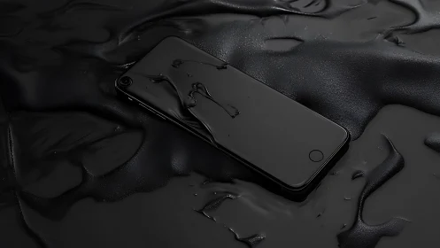 Photorealistic black smartphone submerged in liquid gloss.