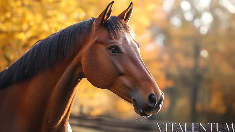 Sunlit chestnut horse listens softly to the golden forest