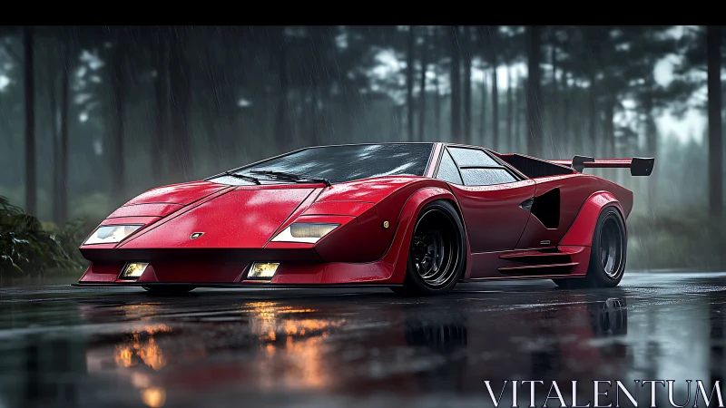 Red wedge supercar render on reflective wet forest road.