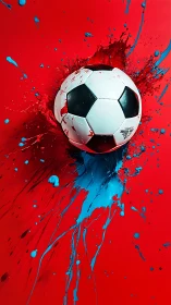 Bold soccer ball bursting through splashes of bright color.