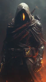 Mysterious hooded warrior glowing with ember-lit resolve.