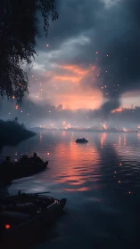 Twilight river boats drift beneath embers and stormy skies