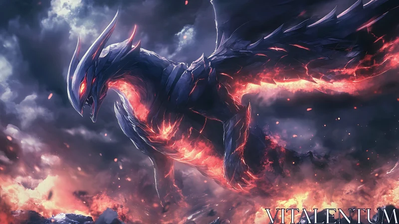 Molten sky dragon rises from storm clouds in blazing fire