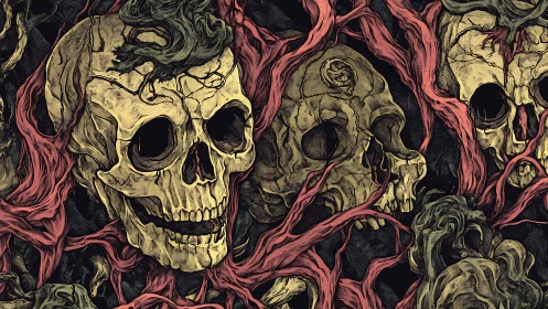 Twisting roots cradle weathered skulls in moody embrace.