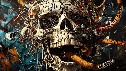 Mechanical skull collage with cables, graffiti and debris.