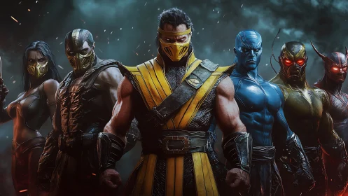 Masked elemental warriors assemble in stormlit battle line.