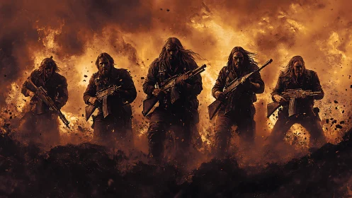 Battle-hardened soldiers charge through inferno blast field.