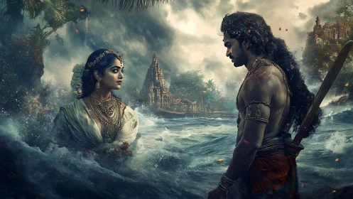 Mythic shoreline encounter with sculpted temple skyline drama.