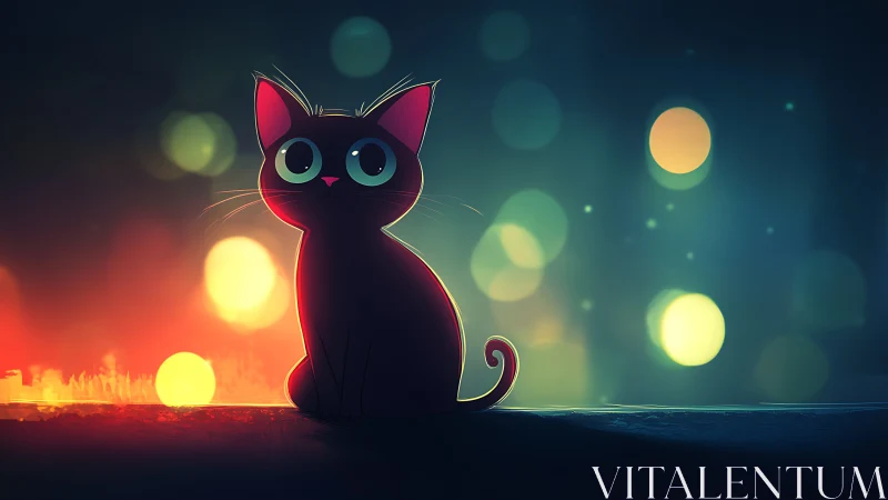 Luminescent Black Cat Digital Portrait with Neon Bokeh.
