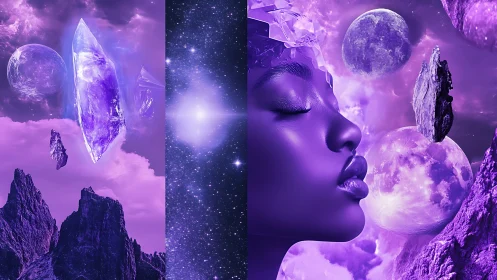 Surreal violet astral portrait with crystalline planetary forms.