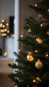 Christmas tree with golden baubles and warm defocused lights