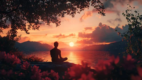 Silhouette observes sunset over lake framed by foliage