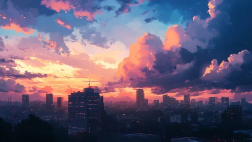 Digital city skyline under vivid sunset storm clouds.