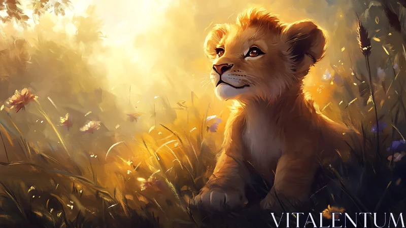 Young lion cub basking in dreamy golden meadow light.