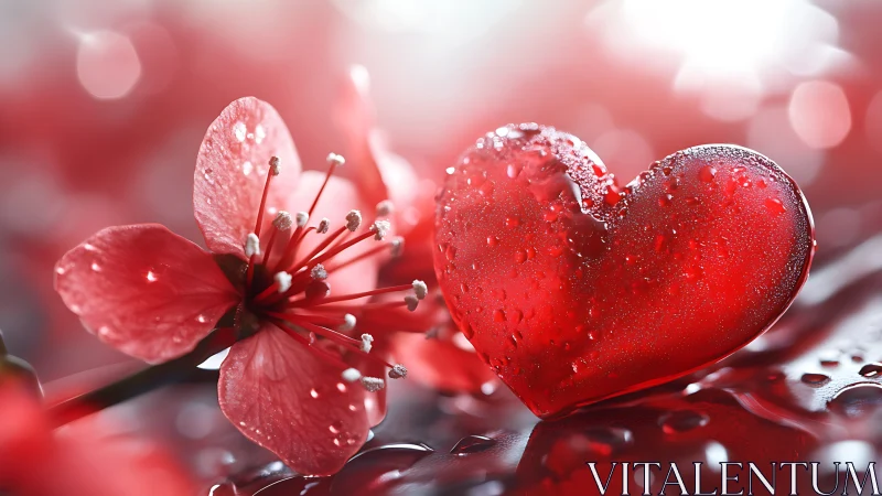 Red Heart and Blooming Flower with Crystallized Frost Droplets