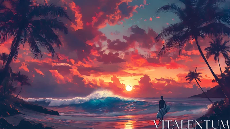 Vibrant tropical shoreline sunset with silhouetted surfer figure