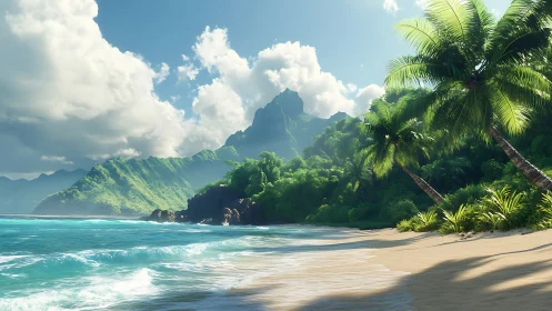 Tropical Paradise Beach with Mountain Peaks.