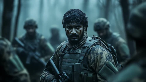 Soldier in tactical gear amid armed squad in forest setting.