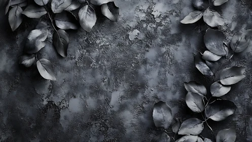Monochrome foliage lies against textured concrete wall
