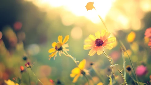 Field of Yellow and Orange Flowers with Soft Bokeh Background