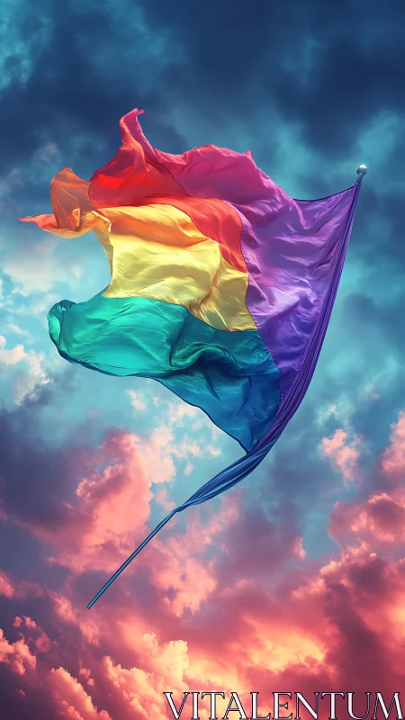 Pride rainbow flag soaring over vivid sunset clouds.
