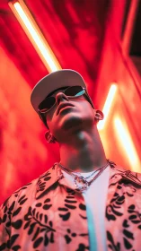 Neon alley icon glows in coral light and chrome attitude.