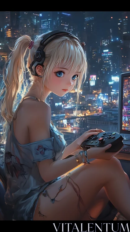 Cozy night gamer girl glowing against a neon cityscape.