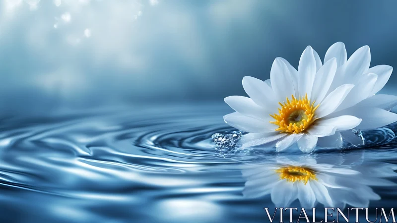 White water lily drifts serenely on rippling blue water.