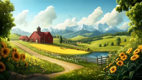 Sunlit red farmstead rests beside bright fields and mountains