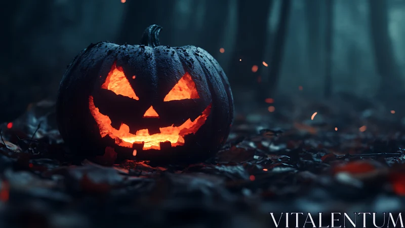 Glowing jack o lantern burns on wet forest floor at night