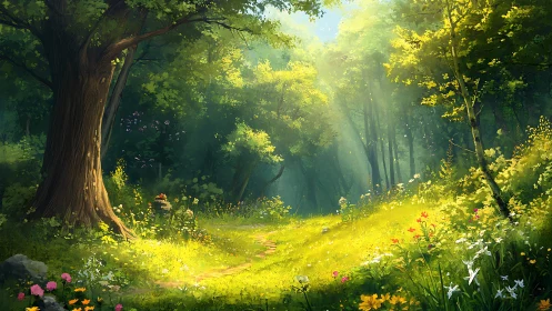 Sunlit Forest Path with Wildflowers and Old Trees