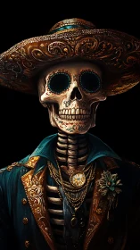 Dapper skeletal caballero in gilded Day of the Dead finery.