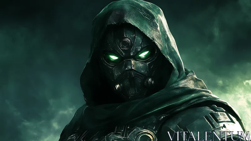 Hooded armored figure with glowing green eyes in misty field.