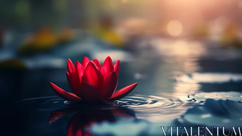Red waterlily macro on reflective pond with cinematic bokeh.