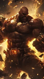 Muscular armored warrior stands in fiery explosive chaos.