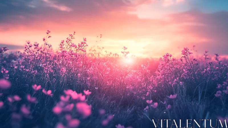 Soft pink wildflowers welcome the sun in a dreamy dawn field