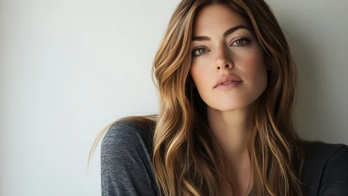 Natural light portrait of woman with wavy hair and serene expression.